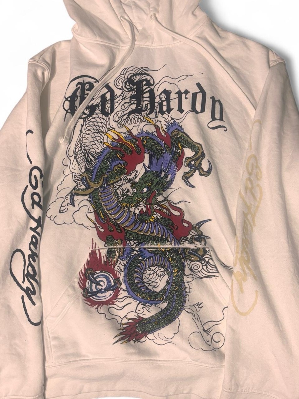 Ed Hardy White Pullover Hoodie with Black Logo Patch